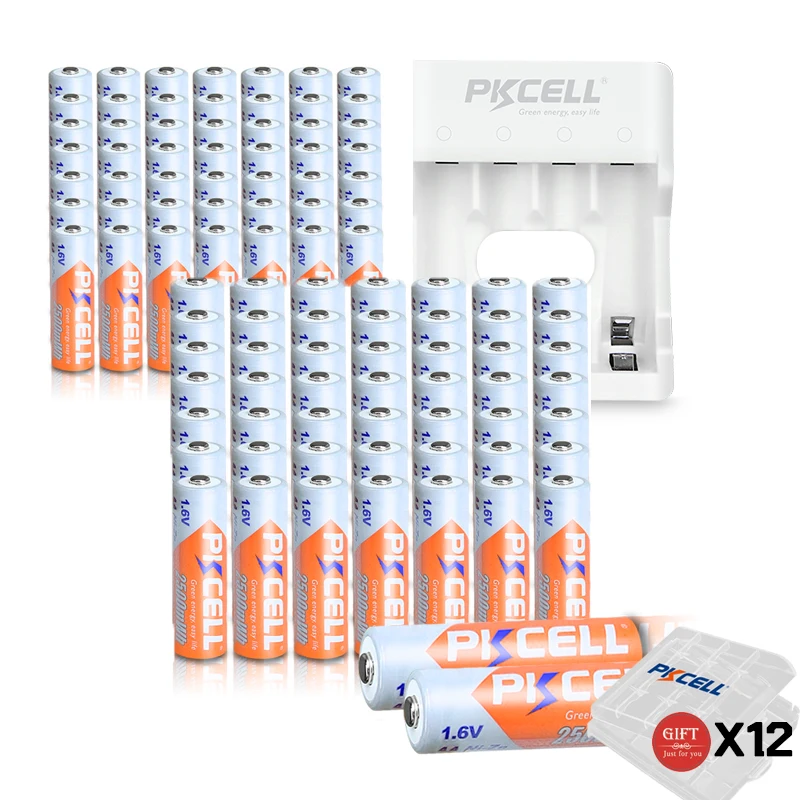 PKCELL 4-100Pcs 1.6V AA NIZN Rechargeable Battery NIZN Charger PKCELL NI-ZN 2500mWh 2A Size for Toys