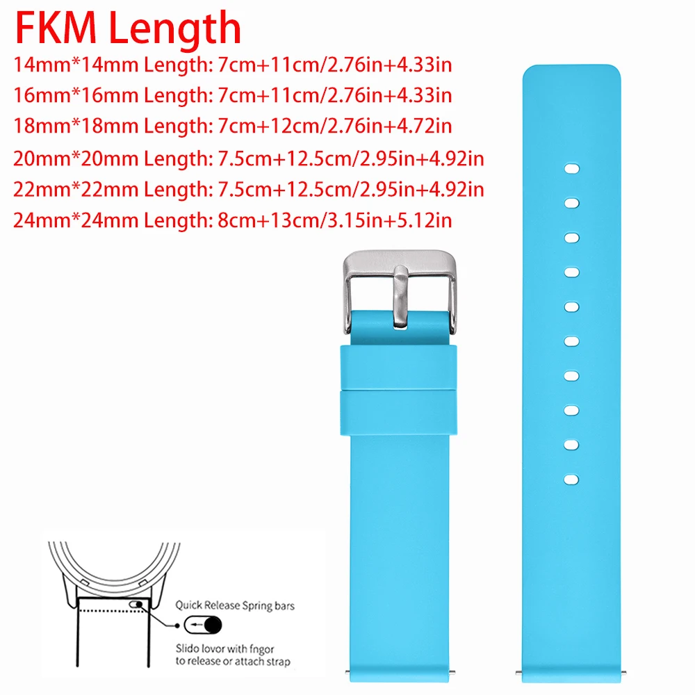 Flat Smooth FKM Watch Strap 14mm 16mm 18mm 20mm 22mm 24mm Waterproof Soft FluoroRubber Smart Watch Strap Quick Release Wristband