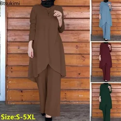 2025 Dames Moslimsets Mode Asymmetrische Blouse met Wijde Pijpen Broek Casual Suits Dubai Turkije Bijpassende Sets Damesoutfits