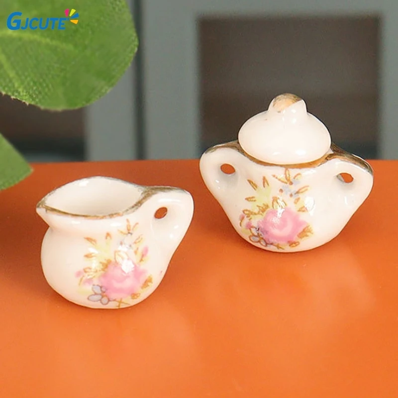 New Dollhouse Mini Ceramic Teapot Doll House Kitchen Simulation Mini Teacup Accessories Tea Tray Decorative Ornaments