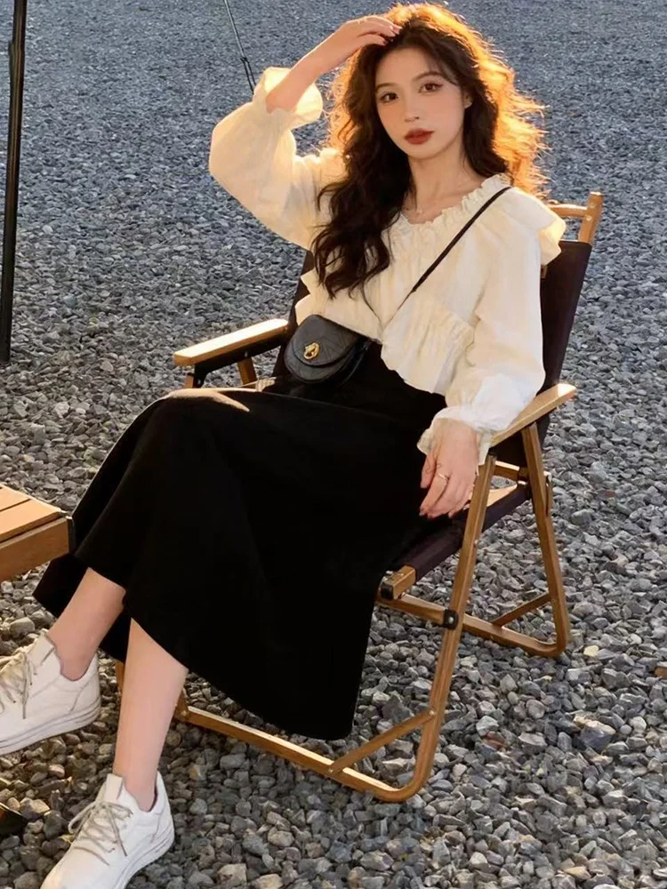 

Faionable High-End Feel Set Women's Spring Lace Trim V-ne ort irt Dr Ele Two-piece Spring Outfit