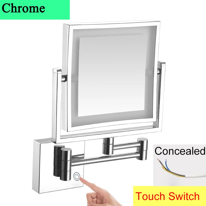 Square Touch Led opvouwbare badkamerspiegel 3x vergrotende badkamer make-upspiegels Accessoires Wandmontage Touch on badspiegels