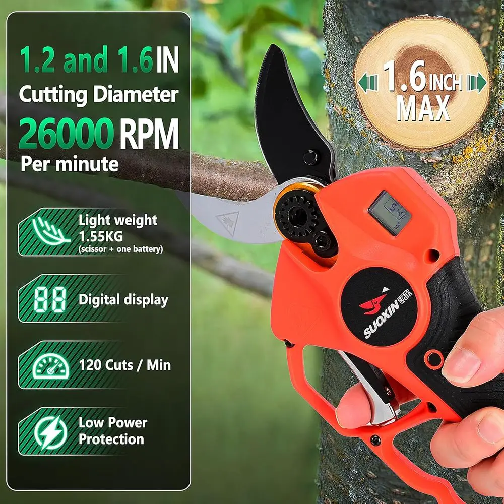 Tesouras de poda elétricas 25V, podador de árvores sem fio sem escova de diâmetro de corte de 1,6" com display LCD, baterias 2 × 4,0Ah, lâmina SK5