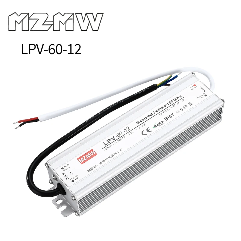 LPV-60-12 IP67 Waterproof Switching Power Supply AC to DC 100-240VAC 60W 12VDC 5A LED Strip Industrial Drive