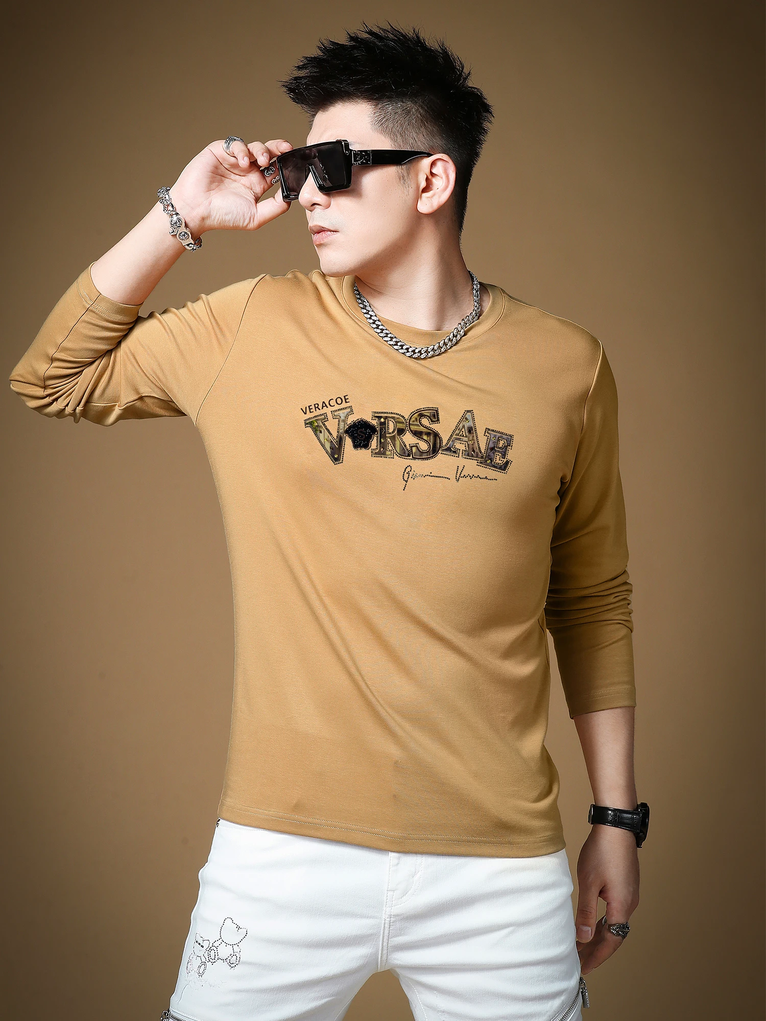 

Faionable Long Sve Men's T-irt Trendy Base Layer Geometric Pattern round Ne Slim Fit Cotton Modal Spandex irt