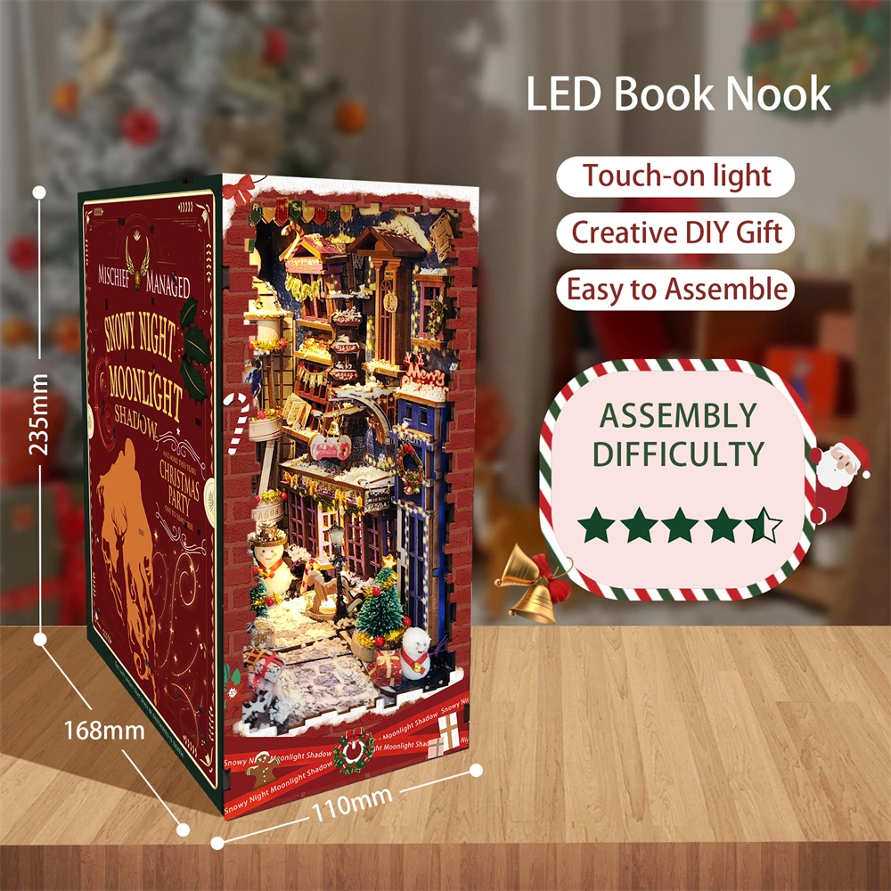 Imagem -02 - Diy Madeira Livro Nook Prateleira Inserir Kits em Miniatura Snowy Night Moonlight Shadow Bookshelf Xmas Home Decor Handmade Presentes