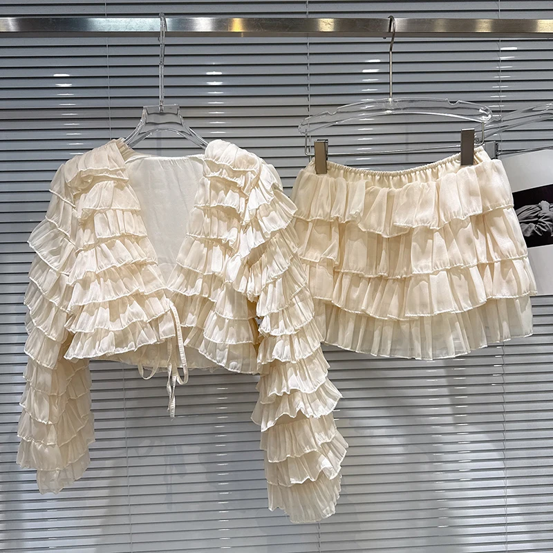 Women Mesh Elegant Chic Layered Design Sense Ruched Sheer Jacket and Cake Short Skirt Spring 2026 New Niche Two Piece Set