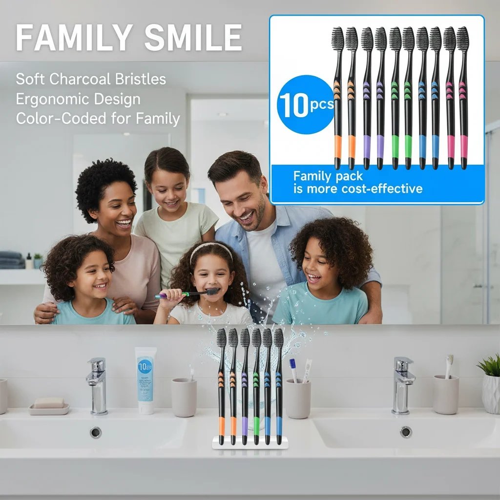 10 Pcs Family pack toothbrush, Bamboo Charcoal Soft Bristles Toothbrush, Travel Carry，Color random
