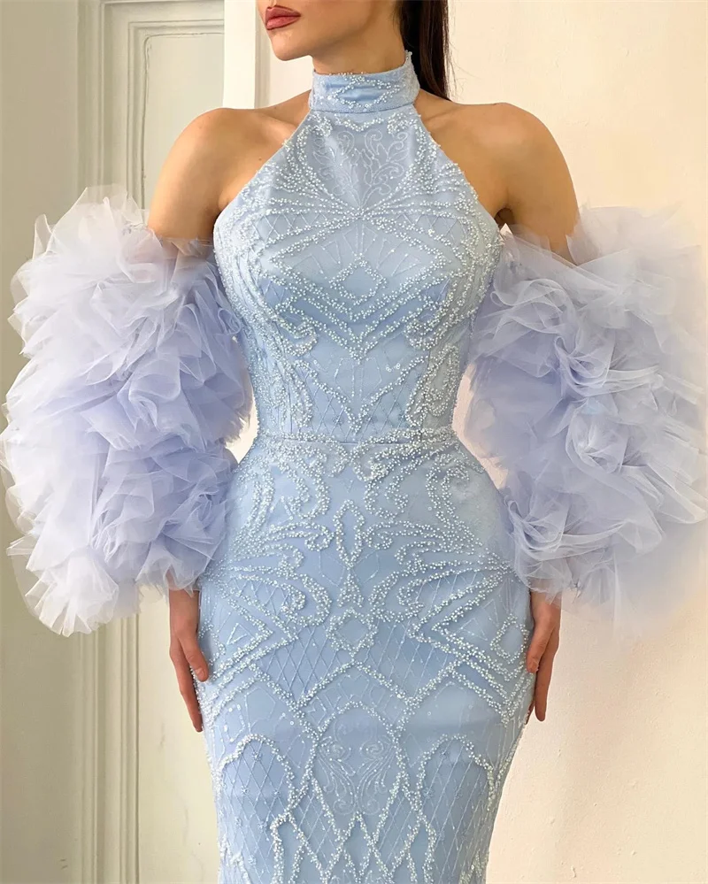 Vestidos de fiesta formales con lentejuelas de encaje, sencillos y elegantes, vestidos de noche modestos de sirena con cuello Halter, vestido de fiesta con manga de tul con volantes