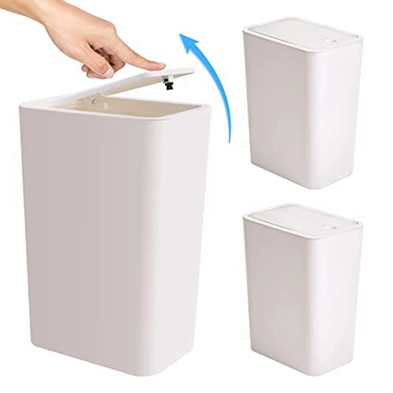 Small Trash Can 3 Packs 10 L / 2.6 Gallon Trash Can White Mini Trash Cans With Lid Top Press, Waste Basket