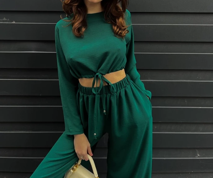 Free Spirited Girl 2024 Fashion Monochrome Lace Up Cut Long Sleeved Shirt and Casual High Waisted Wide Leg Pants Set In Stock