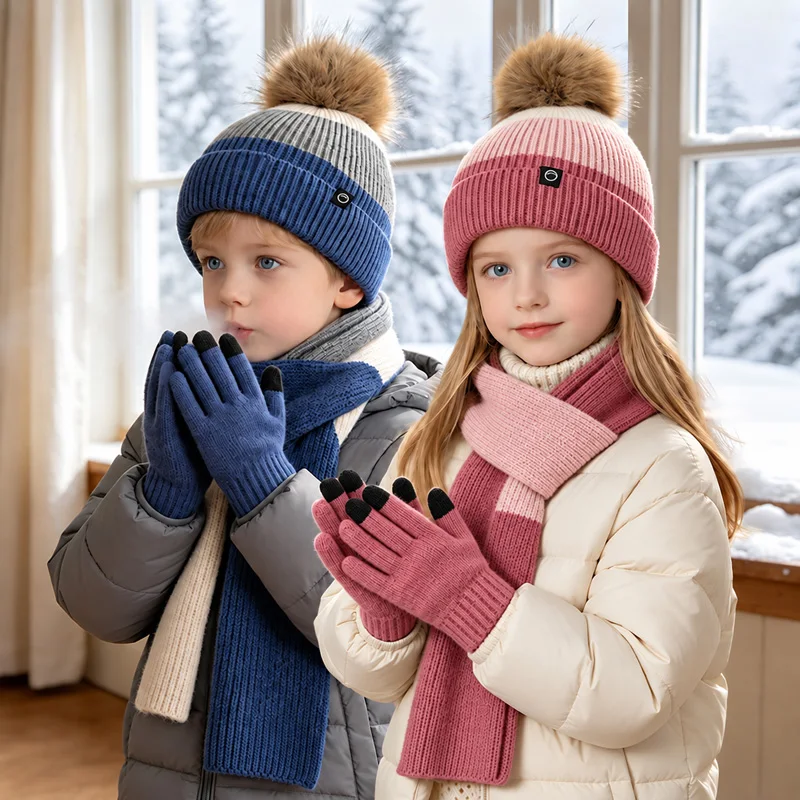 3Pcs Winter Kids Hat Scarf Gloves Set Fleece Lined Knit Pom Pom Children Beanie Cap for Boys Girls 4-10Y Outdoor Accessories