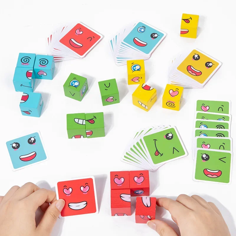 Face Changing Cube Board Card Game Building Blocks Cartoon Wooden Puzzle Montessori Anxiety Stress Relief Toys For Children Kids