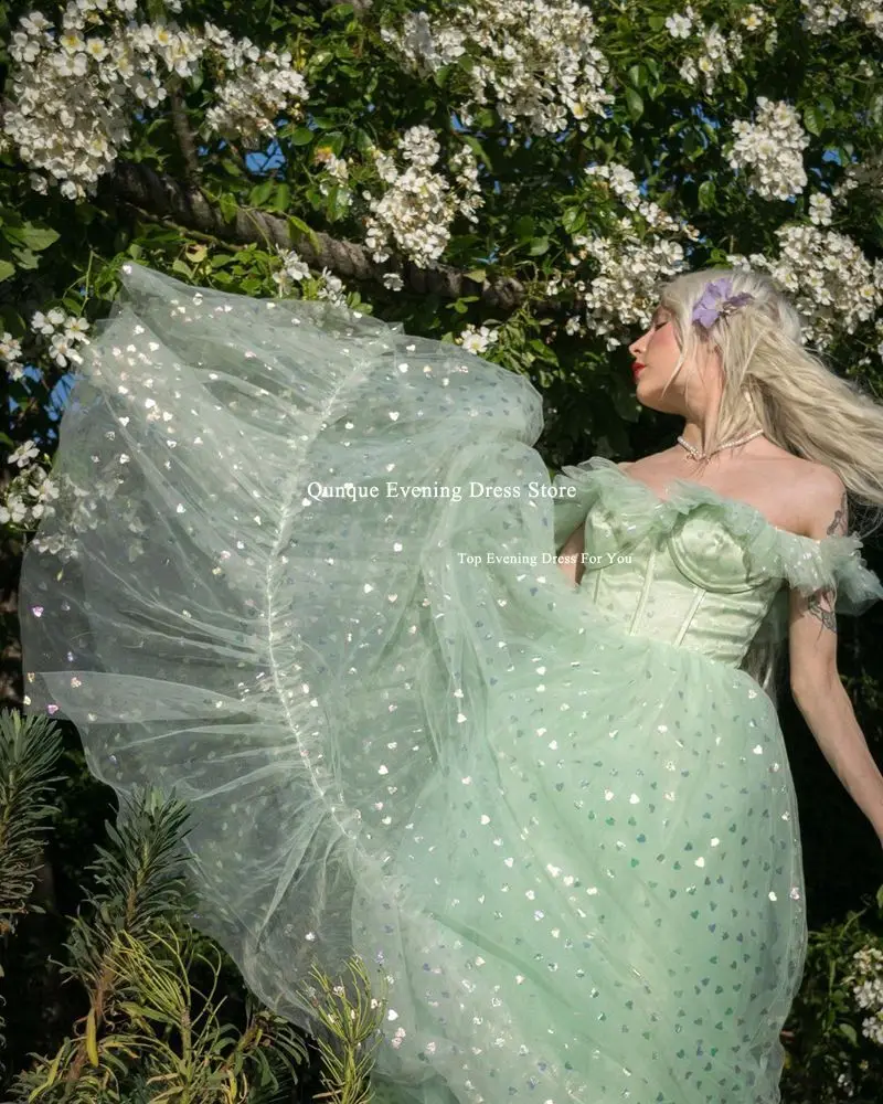 Qunque Fairy Mint Green Tulle abiti da ballo Off The Shoulder a-line abito da festa di nozze lunghezza del pavimento abiti da laurea De Cocktail