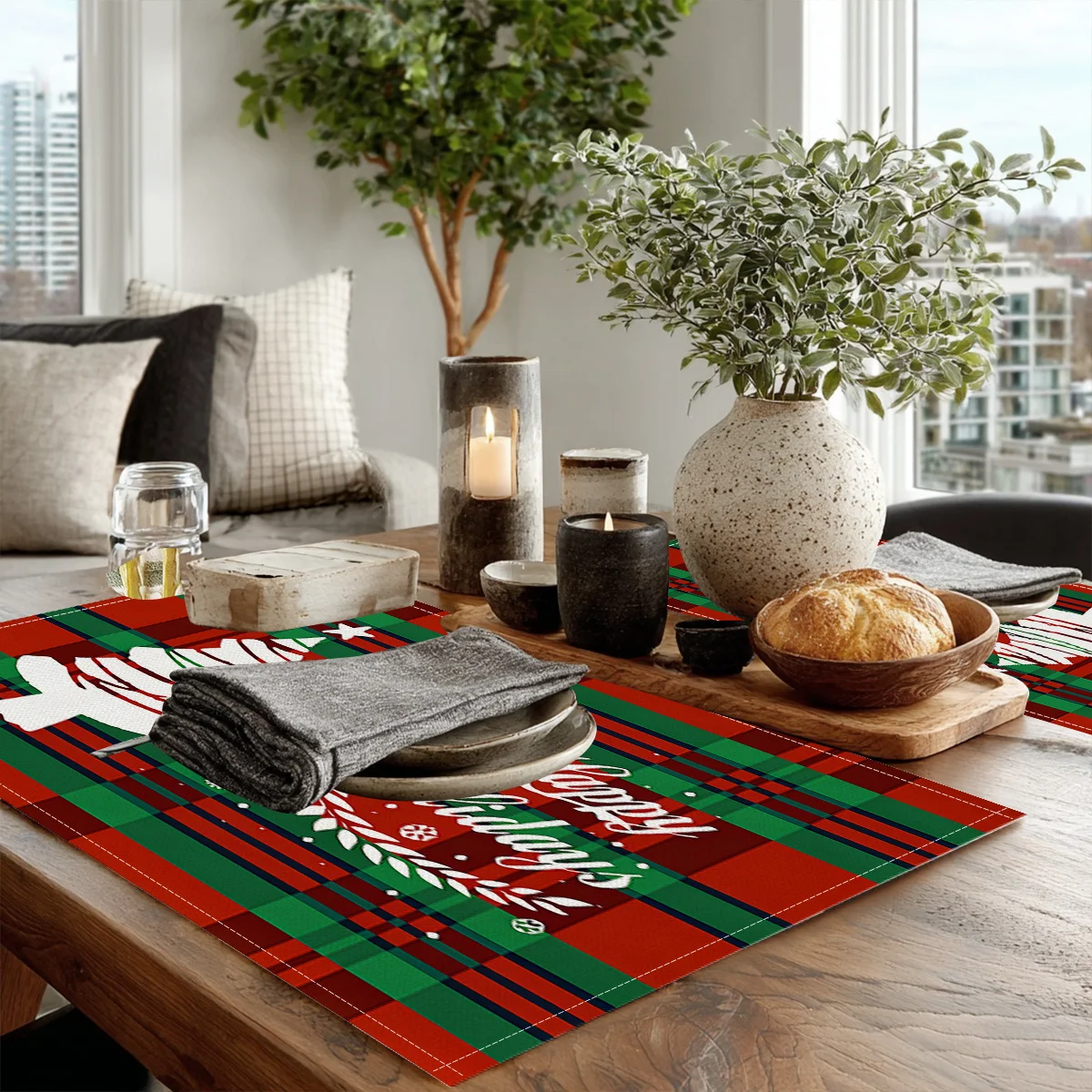 4pcs Christmas Placemats - Red & Green Checkered Table Mats with Digital Print, 18x11.8 Inch, Hand Wash Only, Polyester Fabric
