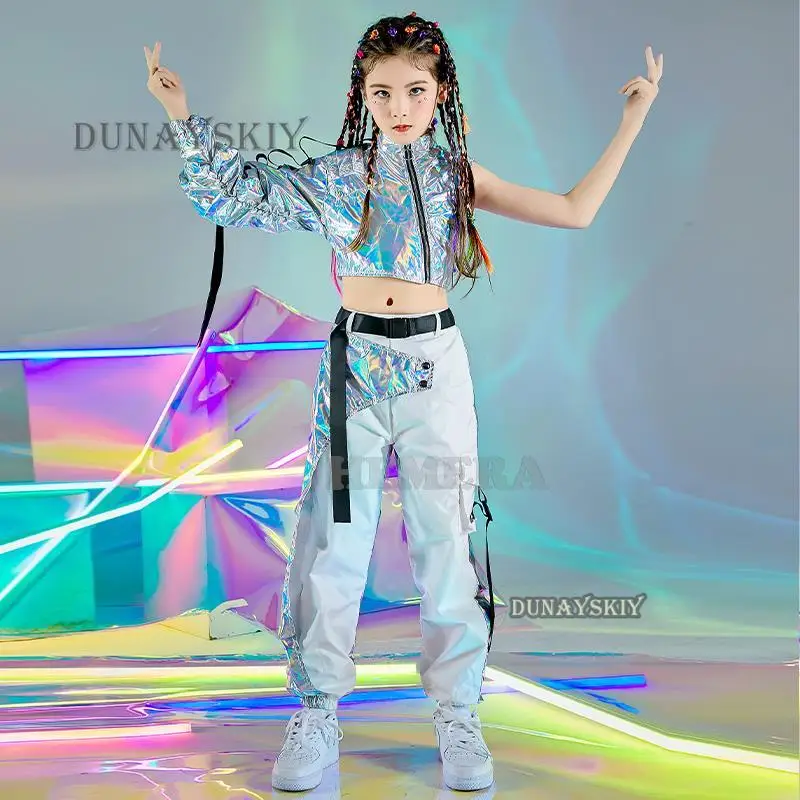 Pu Hiphop Danskleding Reflecterende Rave Outfit Meisje Sets Jazz Dancewear Festival Crop Tops Cargo Broek Catwalk Show Kostuum