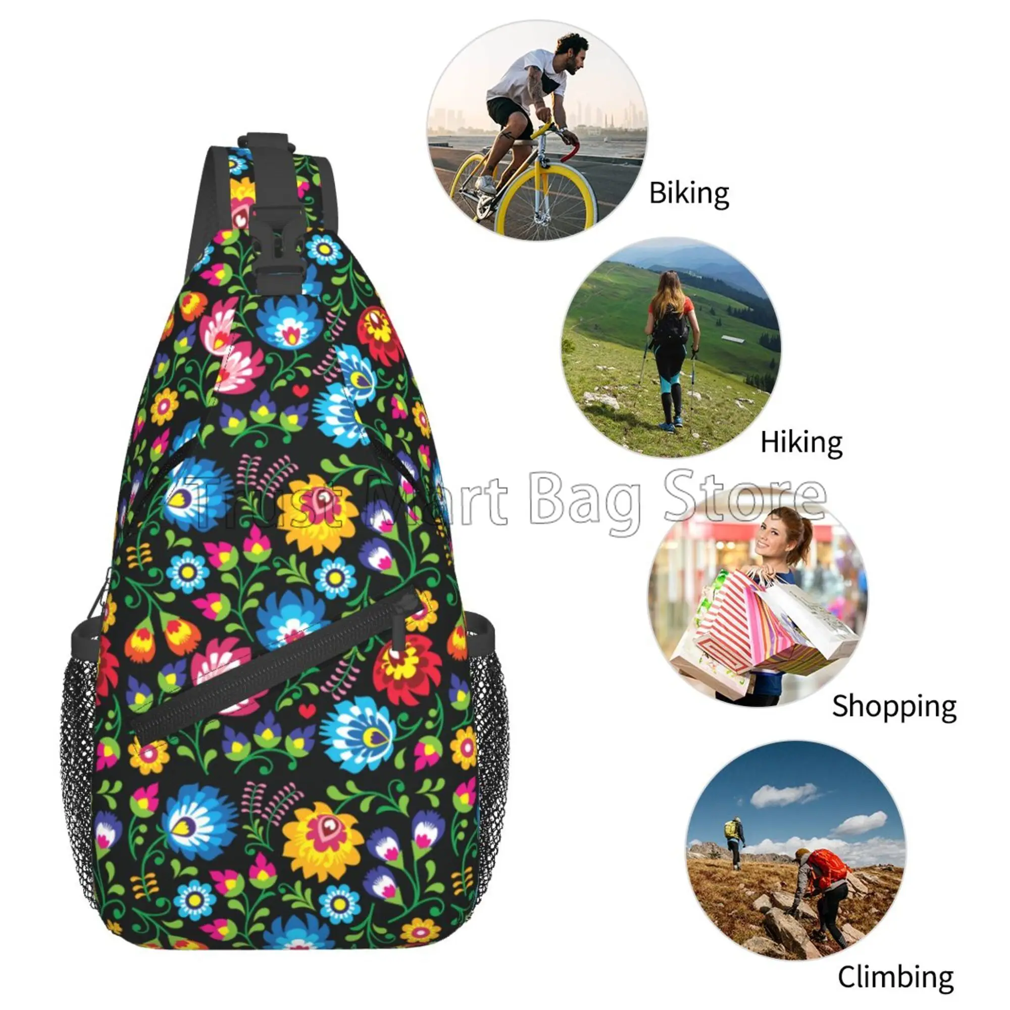 Poland Polish Floral Folk Art Flower Sling Backpack Chest Bags Crossbody Daypack for Travel Hiking Camping Casual Shoulder Bag