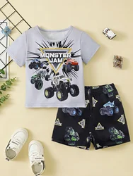 Monster Truck Elements Kids Set 3D Daily Casual  Loose Short Sleeve Boys Girls Sweatshirts Streetwear  Spring  Summer Clothes