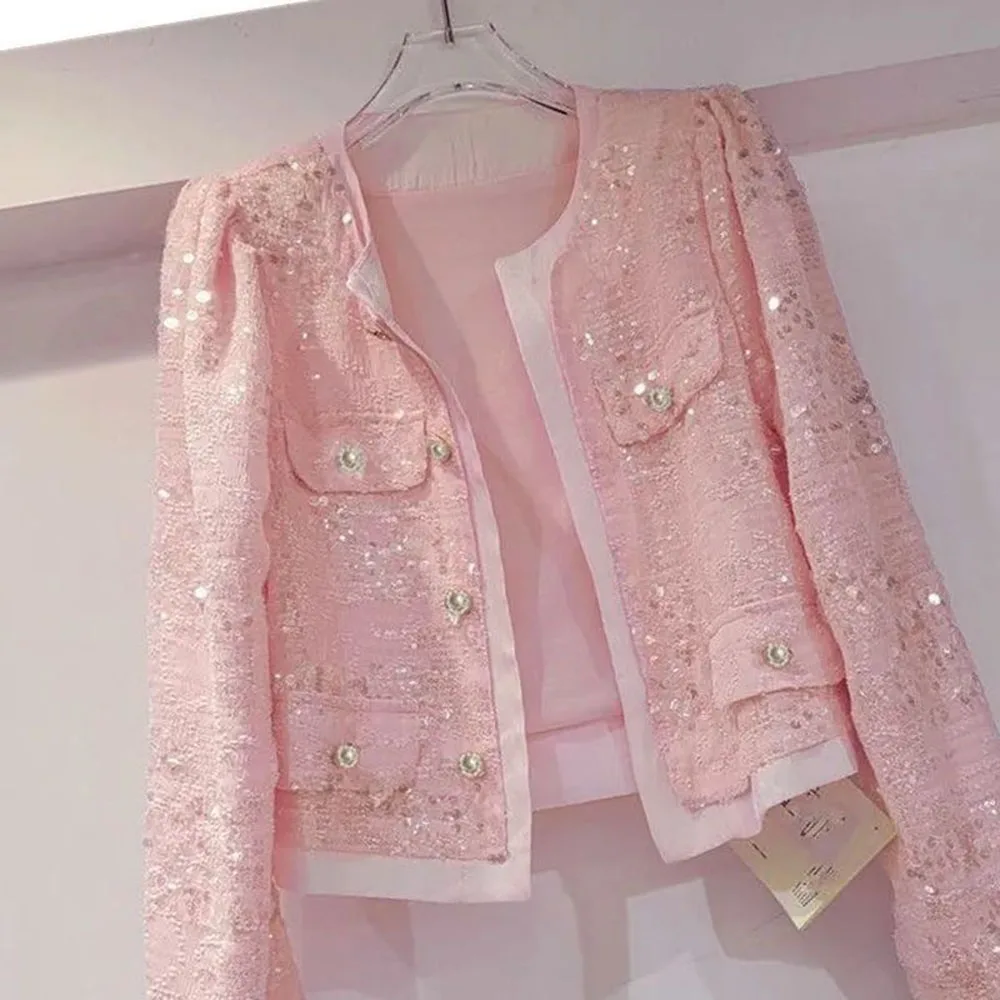 Spring Autumn Women Pink Long Sleeve Sequined Short Jacket Ladies Causal Single Breasted Coat Women Blignbling Cardigan Tops