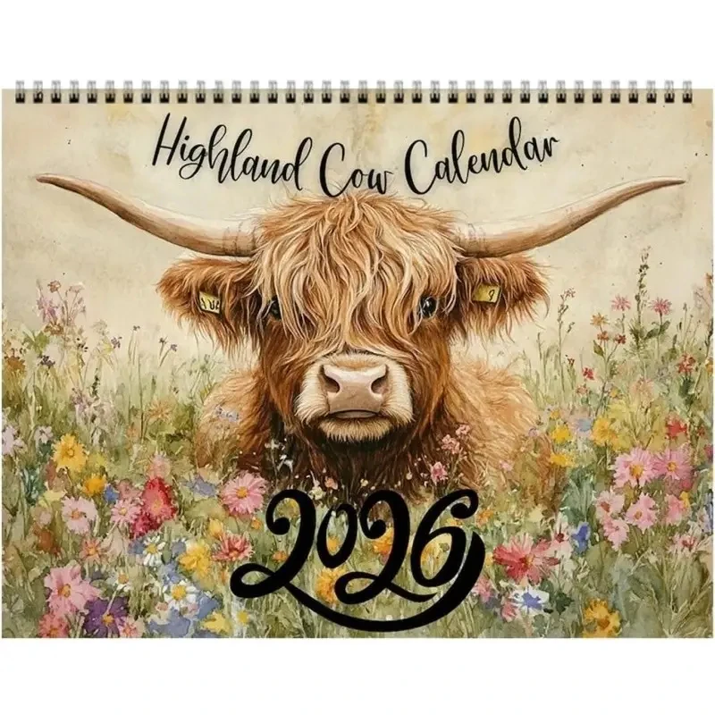 Calendario 2026 Calendario da parete divertente mucca delle Highland 2026 Pianificatore mensile in carta spessa Decorazioni per la fattoria per la pianificazione degli studenti e degli insegnanti