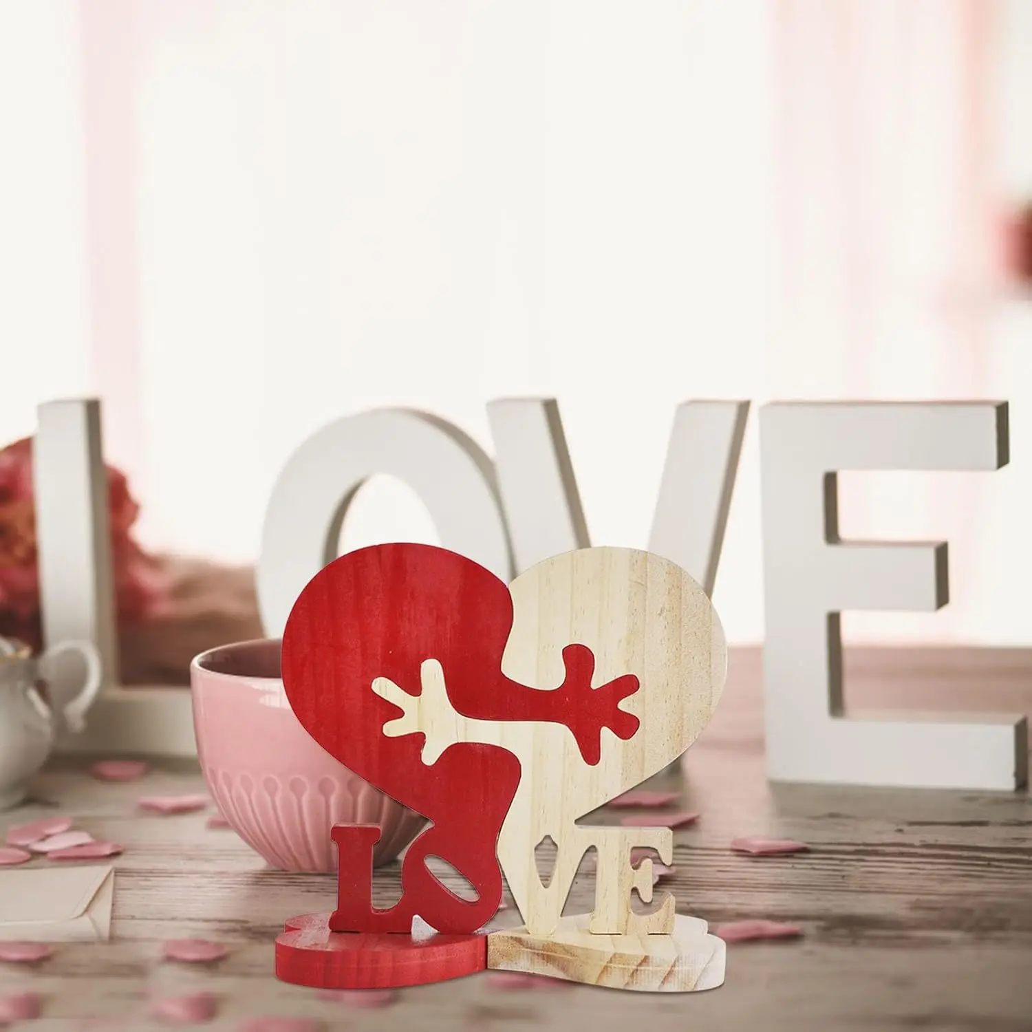 Valentine's Day Kidney Shape 'LOVE' Wooden Table Decor, Romantic Desktop Ornament for Wedding Anniversary/Date Night