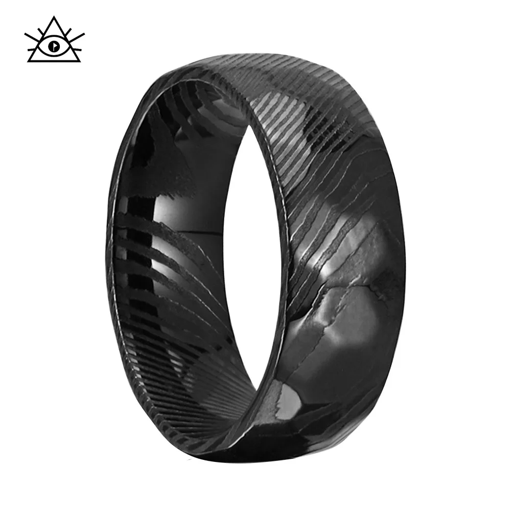 European And American Retro Wood Grain Damascus Steel Ring Curved Surface Men's Rings