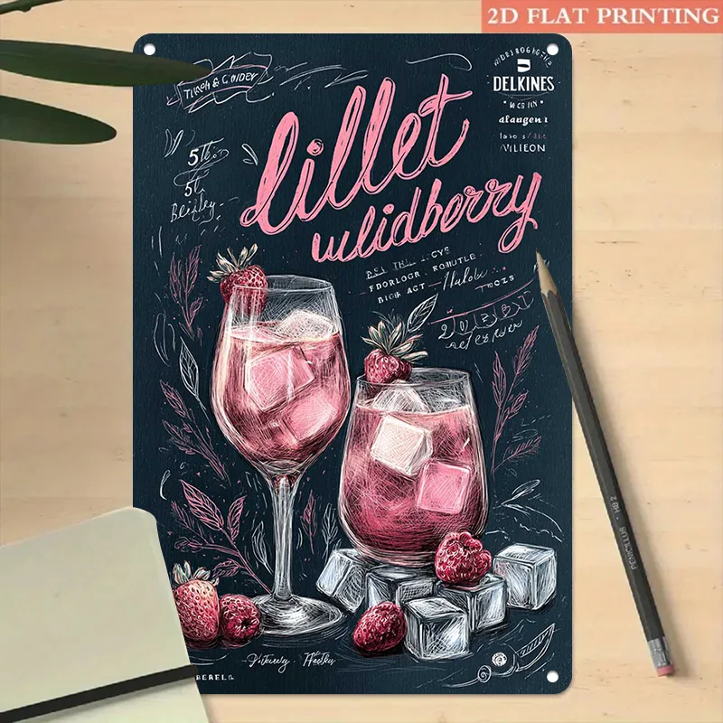 (Pintura en estaño 2D) Letrero metálico retro plano 2D con diseño de Lillet Wildberry Cocktail, perfecto para decoración de pared vintage en R