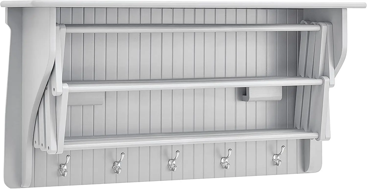 

Wall Mounted Retractable Clothes Drying Rack with Hooks, Space Saving Laundry Organizer for Towels and Clothes - White