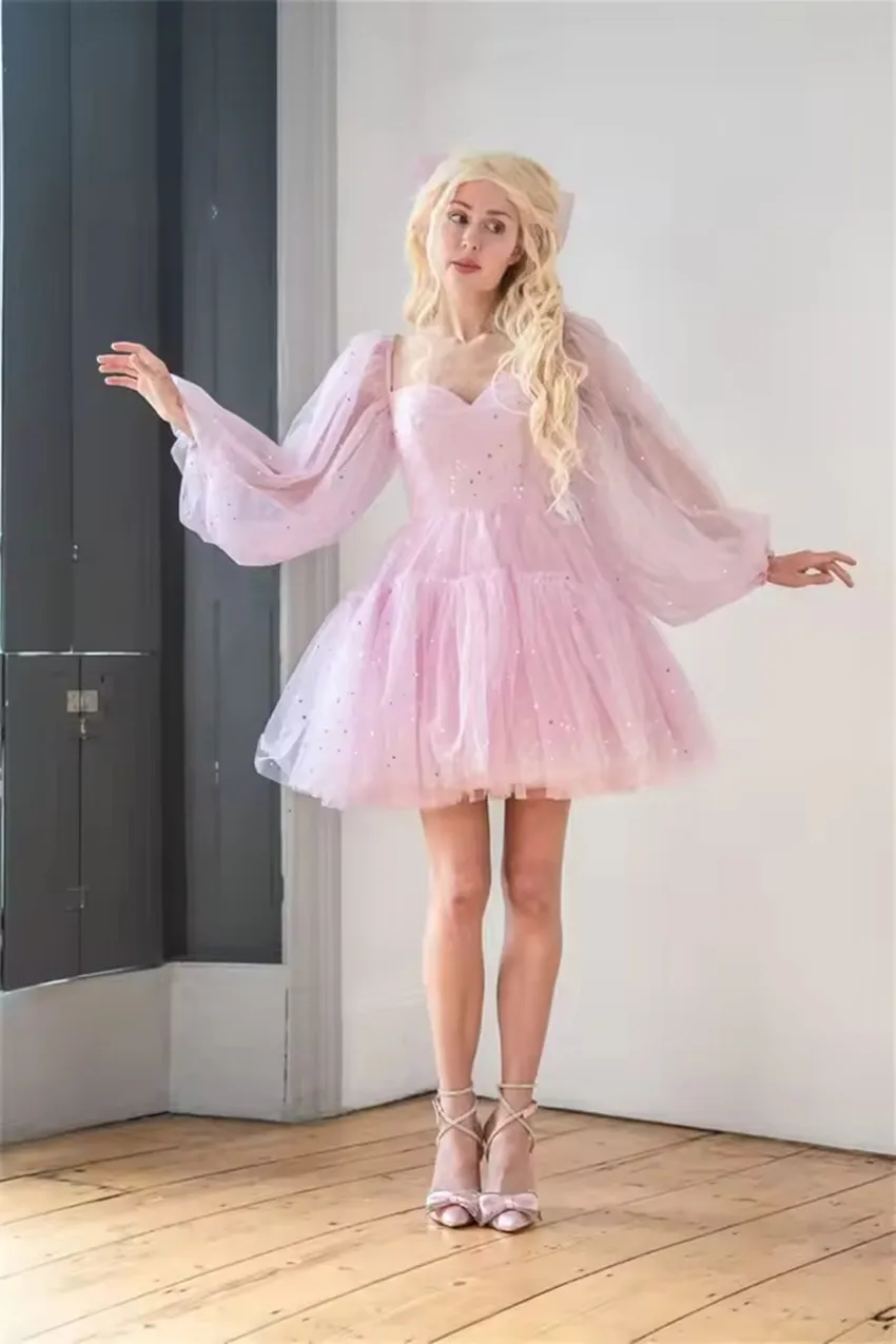 

Customized Shining Tulle Short Prom Dresses A-Line Graduation Party Dress Sweetheart Long Sleeved Special Event Evening Dress