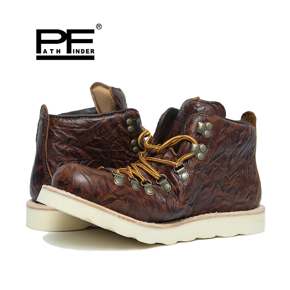 

pf Fashion Men's Genuine Leather Motorcycle Boots Work Shoes Goodyear-weld Mid-calf Western Outdoor Walking Boots Non-slip