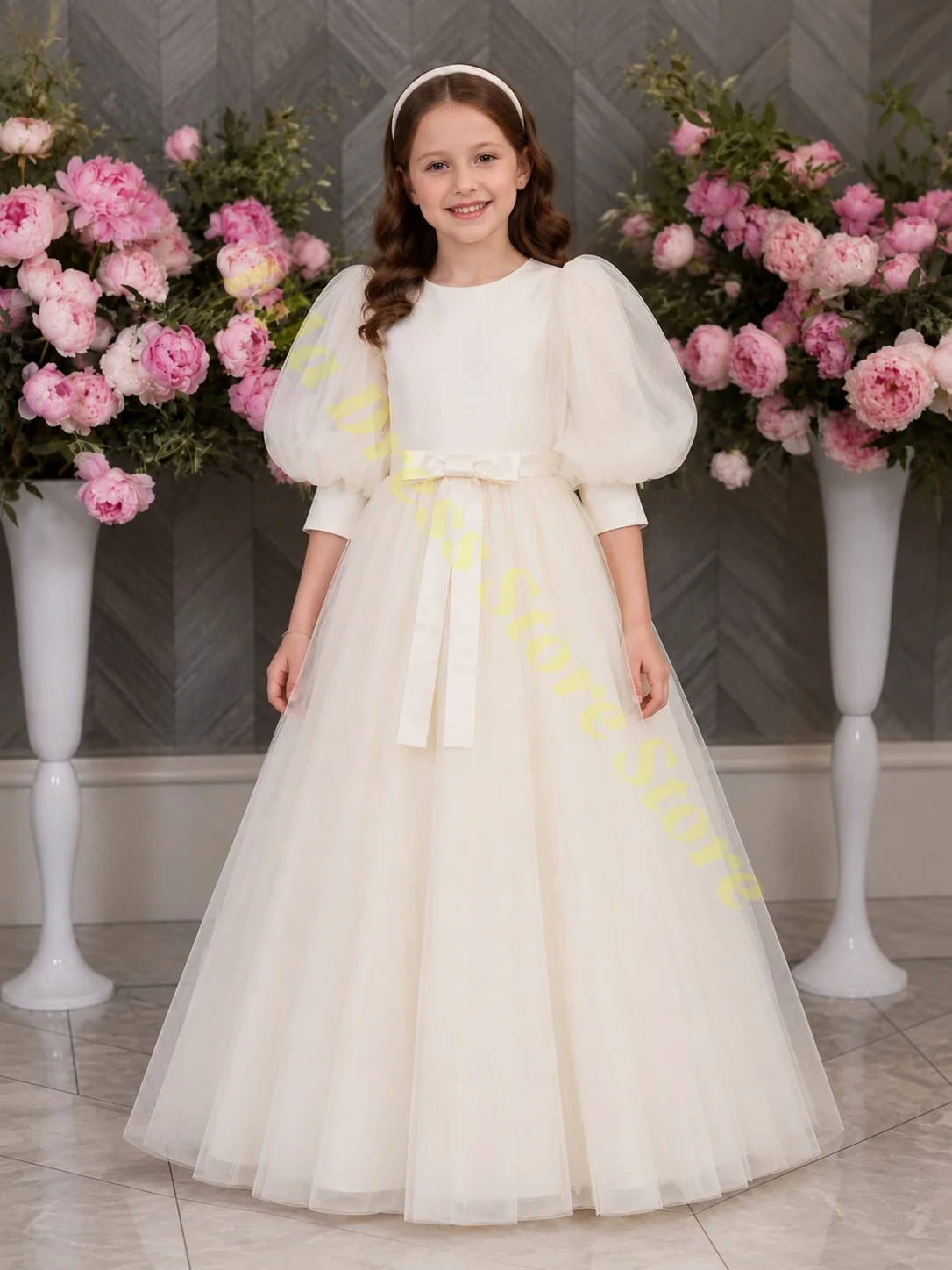 Großhandel Elegante Rosa Erstkommunion-Ballkleider Blumenmädchenkleid für Hochzeit mit Schleife Tüll Voluminös Geburtstagsfeier Maßanfertigung – Detail 3