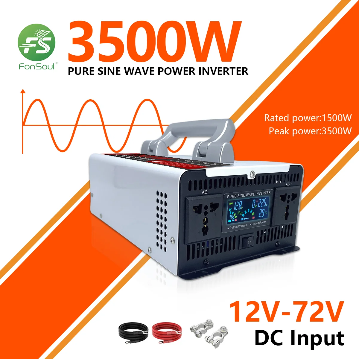 FonSoul 3500W Peak Pure Sine Wave Inverter, 1500W Continuous, 12V DC to 110/220V AC, 90% Efficiency, LCD Display, Portable