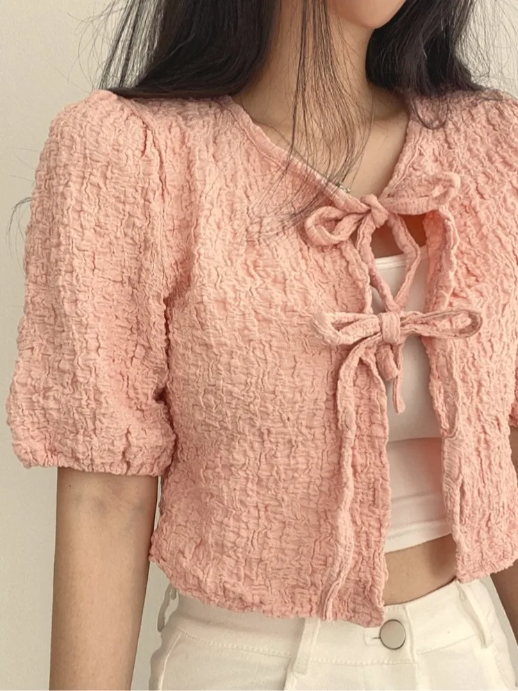 Chic Summer New Sweet Versatile Belted V-Ne Sunscreen Thin Air Conditioner irt ort Outerwear Women's Top Trendy
