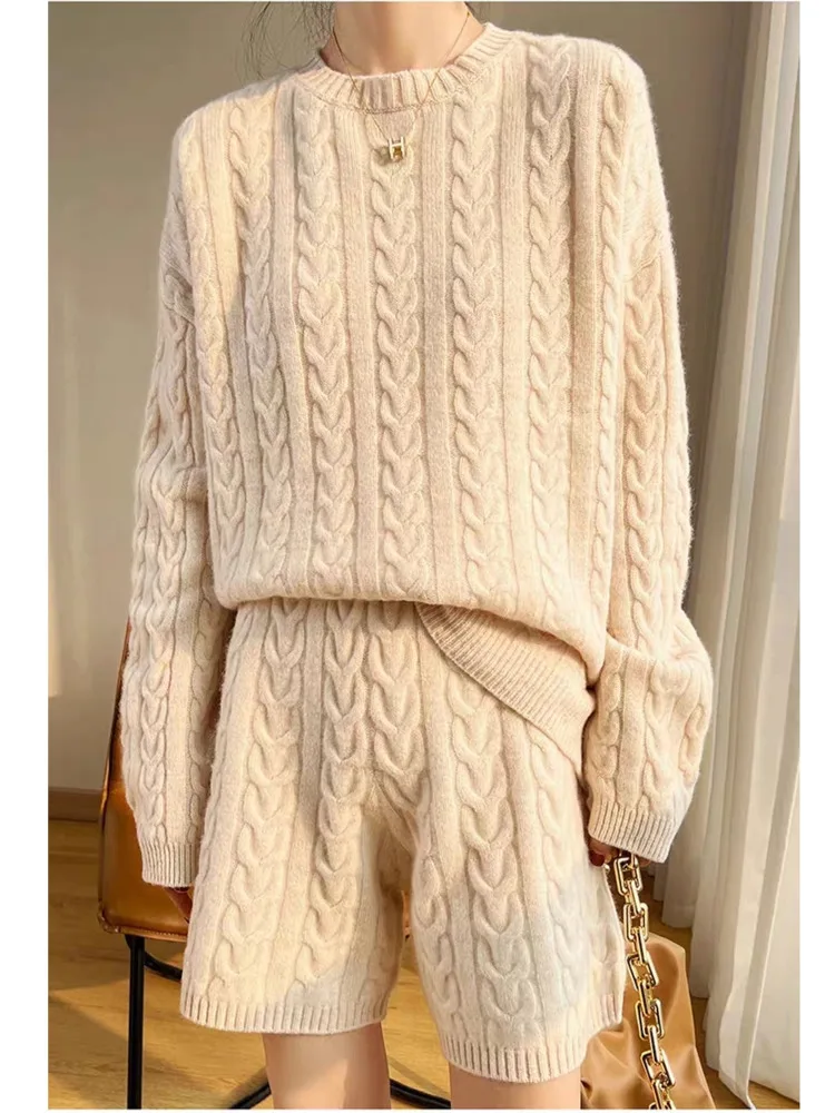 Casual Knitting Suit Women Autumn and Winter Loose Slimming Twist Sweater Shorts Fashion Sports Style Two-piece Korean Fashion