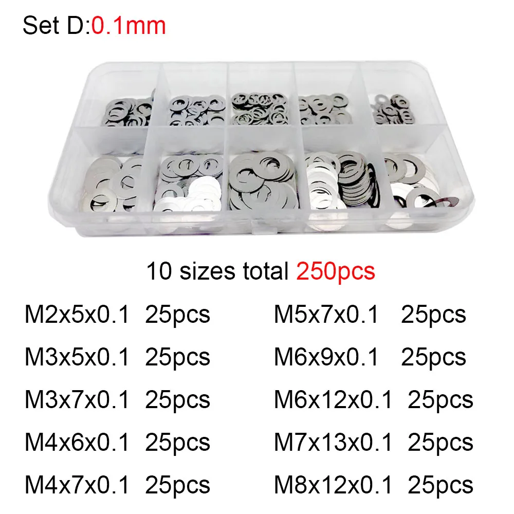 

250Pcs M2 M3 M4 M5 M6 M7 M8 304 Stainless Steel Ultra Thin Flat Washer Adjusting Shim Plain Gasket Assortment Kit Set Box DIN988