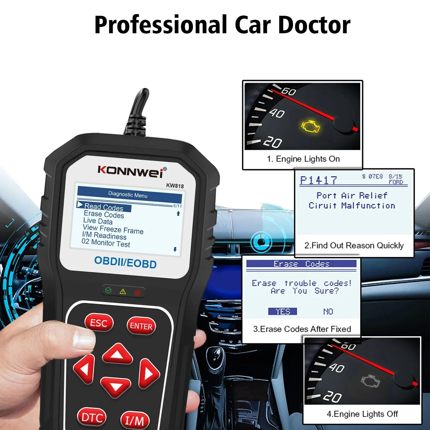 

26 Durable KOWWEI KW818 Car OBD2 Scanner Battery Tester Fault Code Reader Check Engine Light Diagnostic Tool for OBDll Complian
