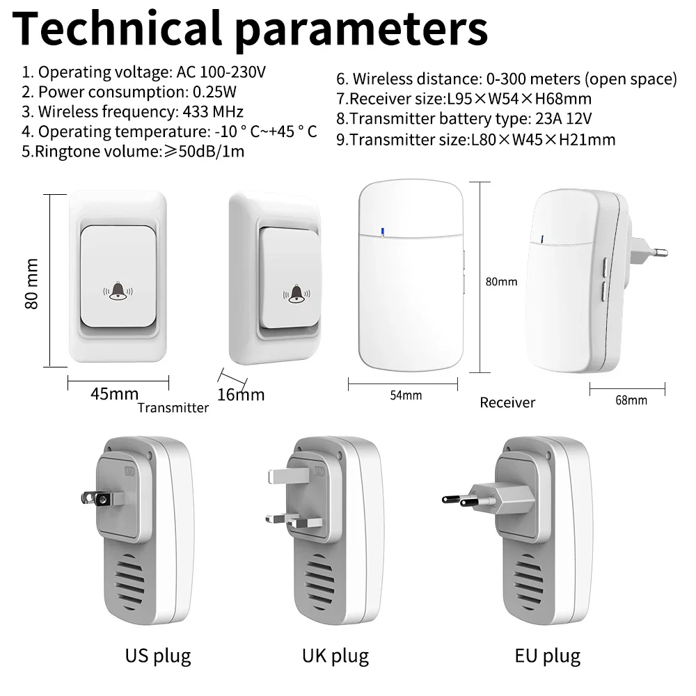 Timbre inalámbrico para exteriores, enchufe UE, Reino Unido, EE. UU., 150M, impermeable, pared inteligente para el hogar, señal de penetración, alarma de seguridad, intercomunicador con melodía de bienvenida