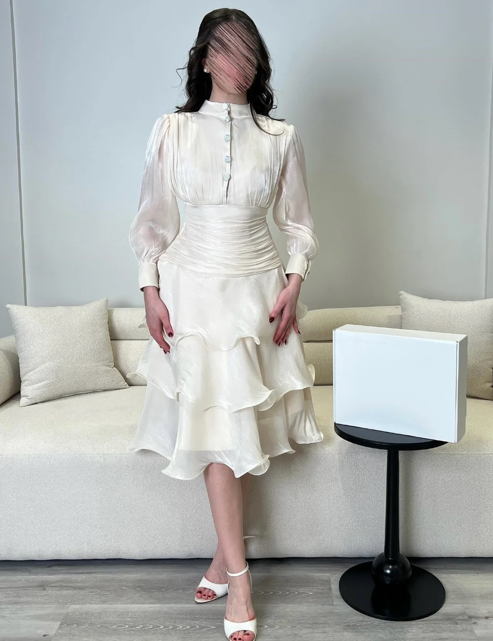 

Customized Classic Pleat Sequined Button A-line High Collar Knee Length Evening Dresses Bespoke Occasion Chinese Style