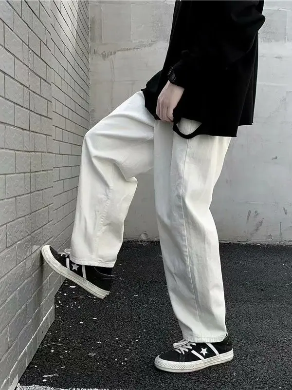 

Street Style Men's Straight Leg Jeans White Wide Leg Pants Loose Fit Versatile Autumn New Arrival Teenage Casual Denim Jeans