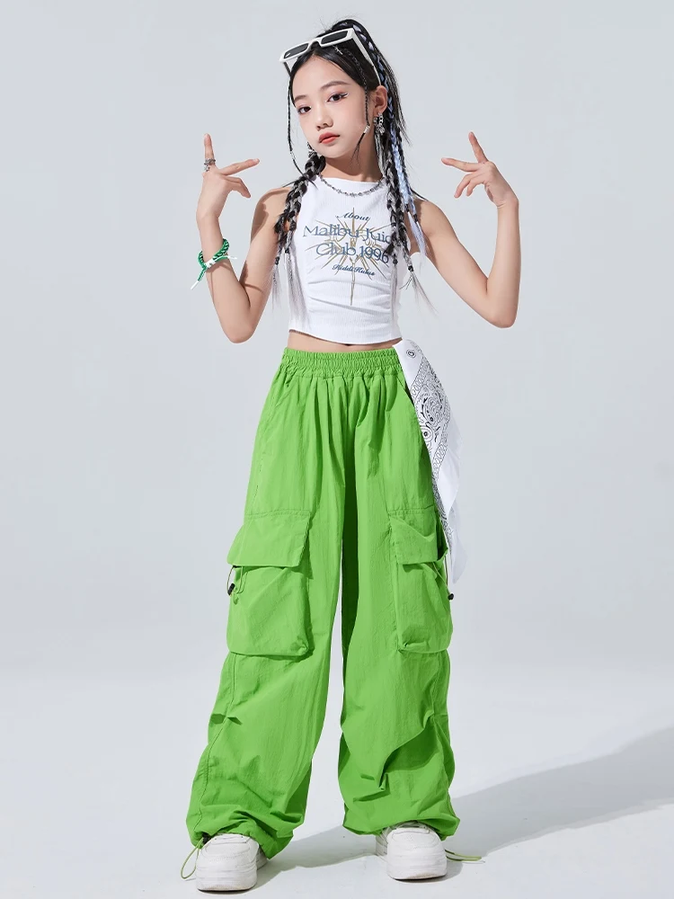 Kids Girls Jazz Dance Clothes Navel Vest Green Hip Hop Pants Loose Hip Hop Performance Outfit Kpop Stage Clothing Summer BL13019