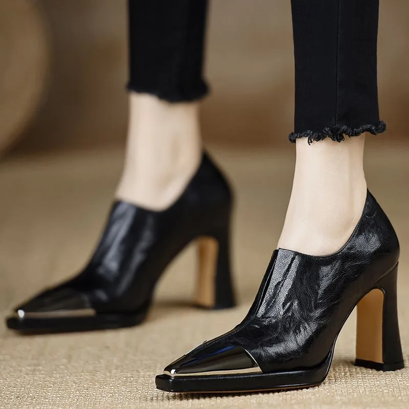 

Women Shoes British Style Deep Mouth Small Leather Shoe Temperament Pointed High Heels Fashion Metal Head High Heels Single Shoe