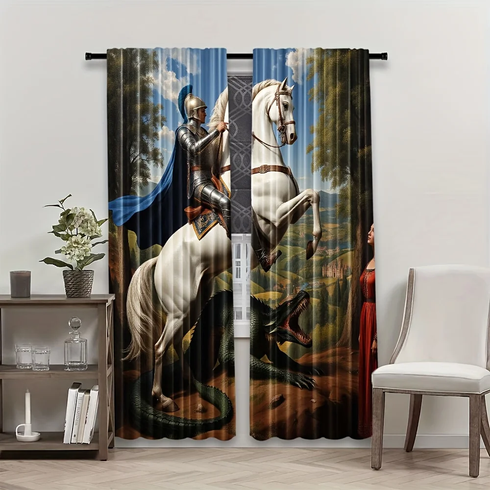 Medieval Knight Dragon Curtain, Saint George Hero Blackout Drapes, Classical Oil Painting Window Treatment for Living Room