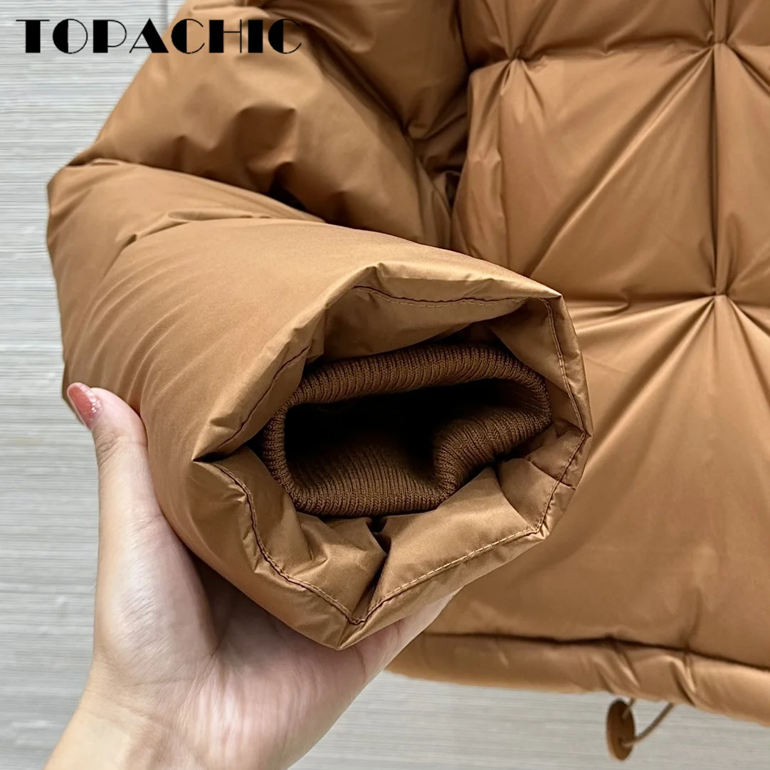 9.28 TOPACHIC Quilted Ruched Detachable Hat A Variety Of Wearing Ways Down Jacket Drawstring Hem Short Goose Down Coat Women