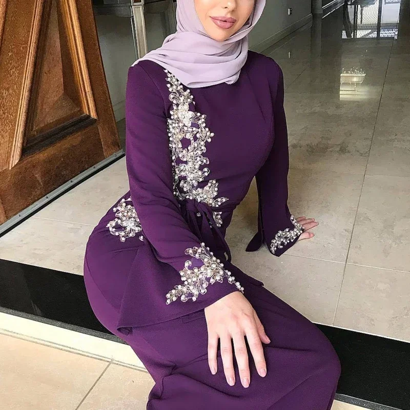 Women Muslim Dubai Abaya Flare Long Sleeve Maxi Dress Floral Lace Beading Patchwork Turkey Hijab Robe Kaftan Middle East