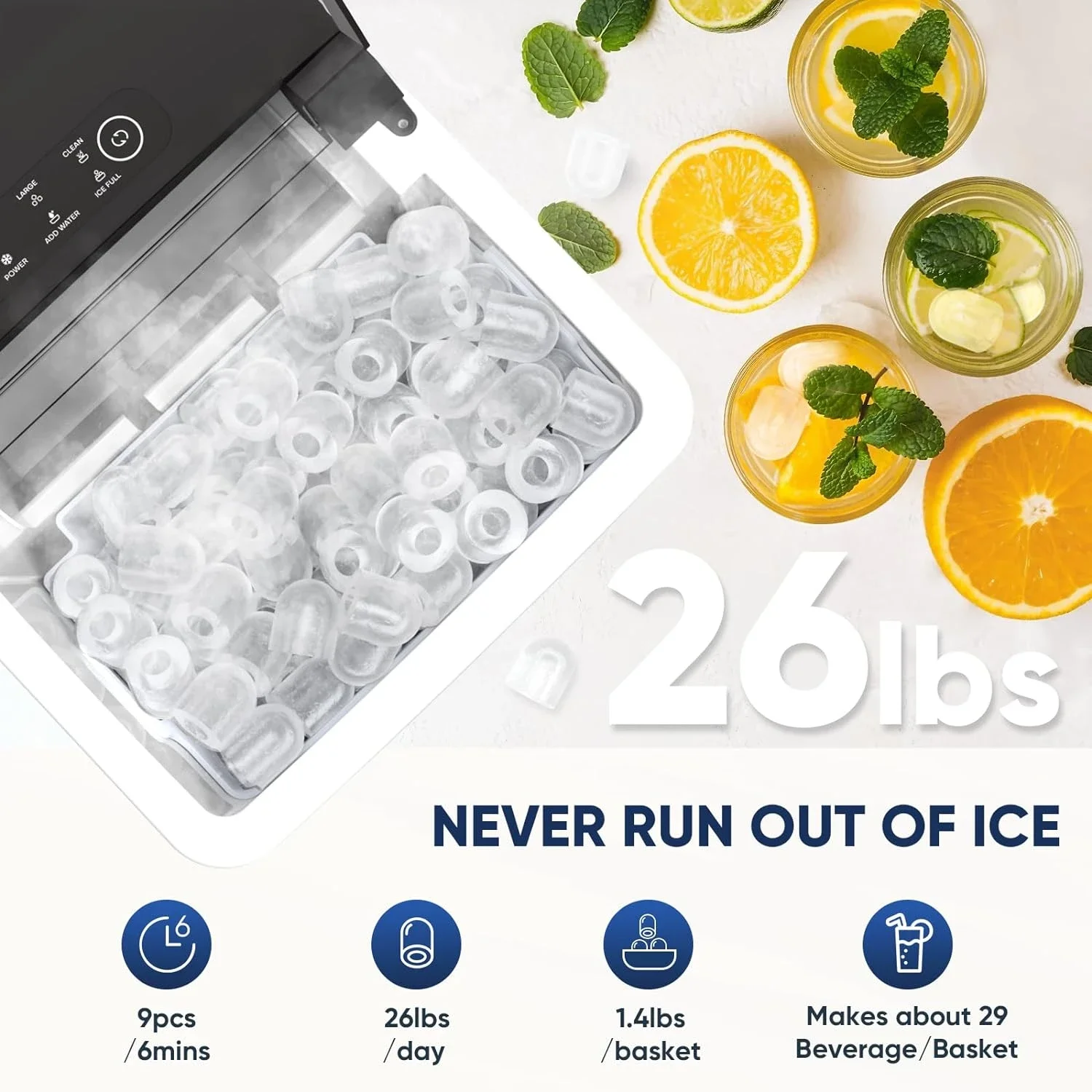 Y90 Pro Countertop Ice Maker com recurso de auto-limpeza, rapidamente pronto, 9 cubos de gelo, produz 26lbs de gelo em 24 horas