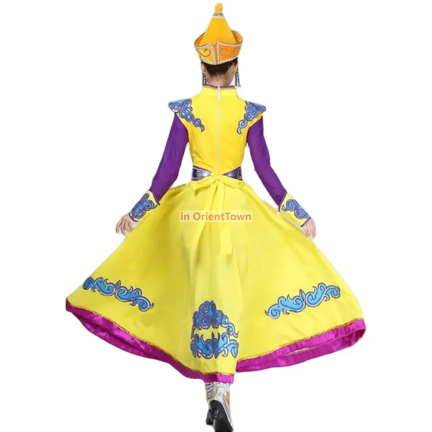 Traje de danza folclórica china, vestido dorado violeta, vestido étnico, ropa de danza mongol, ropa de escenario mongol para mujer