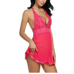 Lingerie sexy en dentelle pour femmes, pyjama à licou, combinaison de batterie transparente, vêtements de nuit creux, 7.0