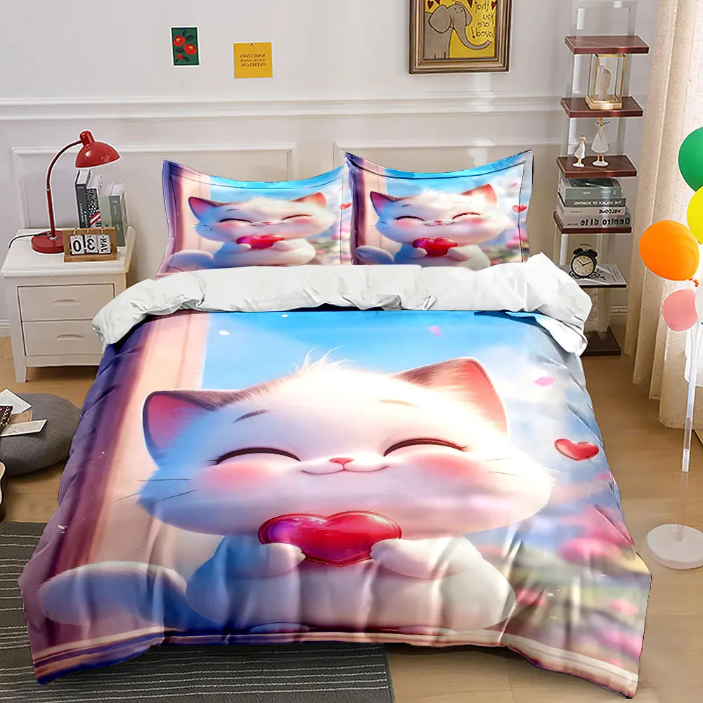 White cat holding red crystal heart Print Bedding Set 1 Duvet Cover 2 Pillowcases for Adult and Children Luxury Gift Full Size