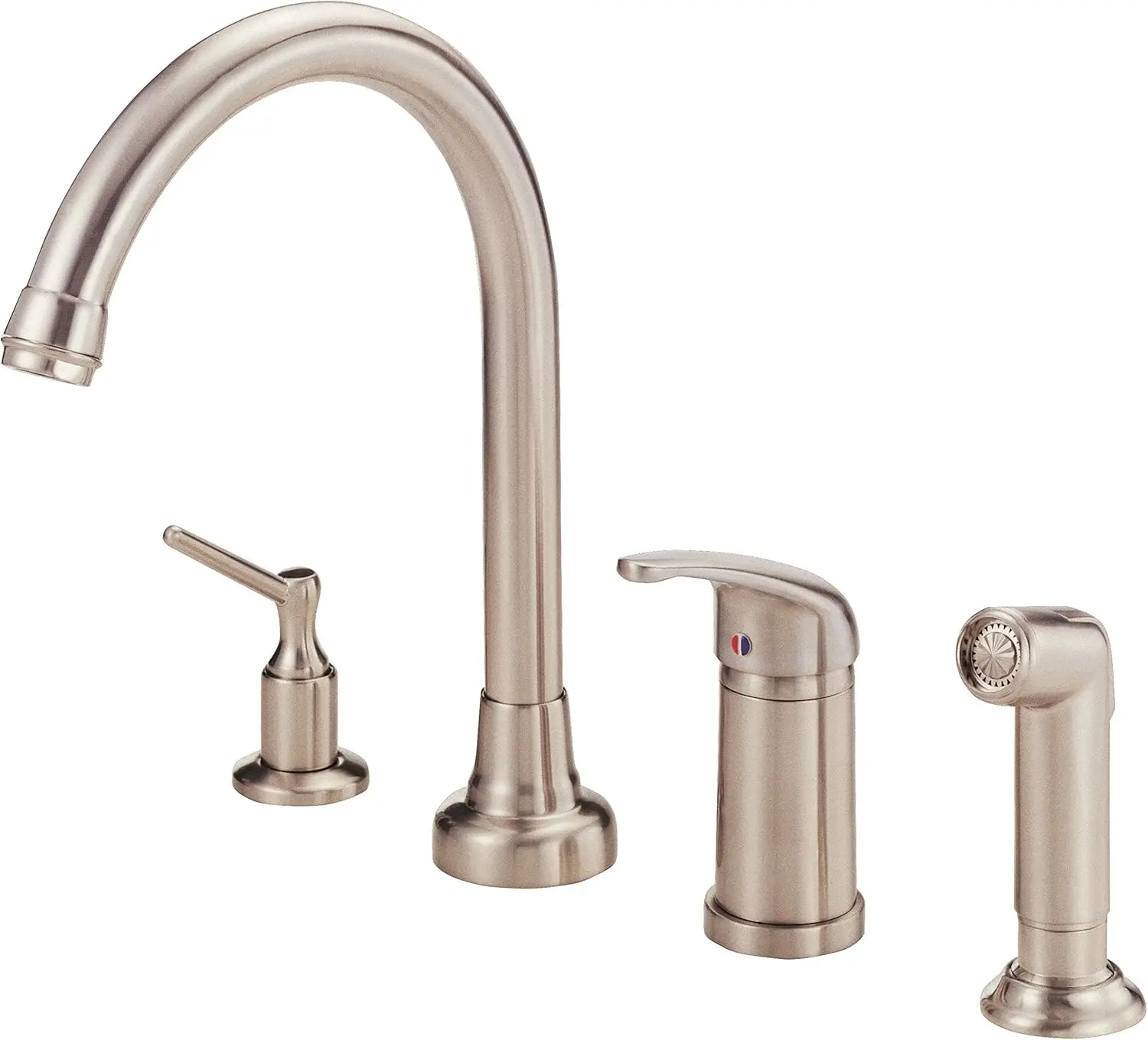 

Plumbing Single Handle Kitchen Faucet with Side Spray and Soap Dispenser Color Stainless Steel Mounting Type Deck Mount