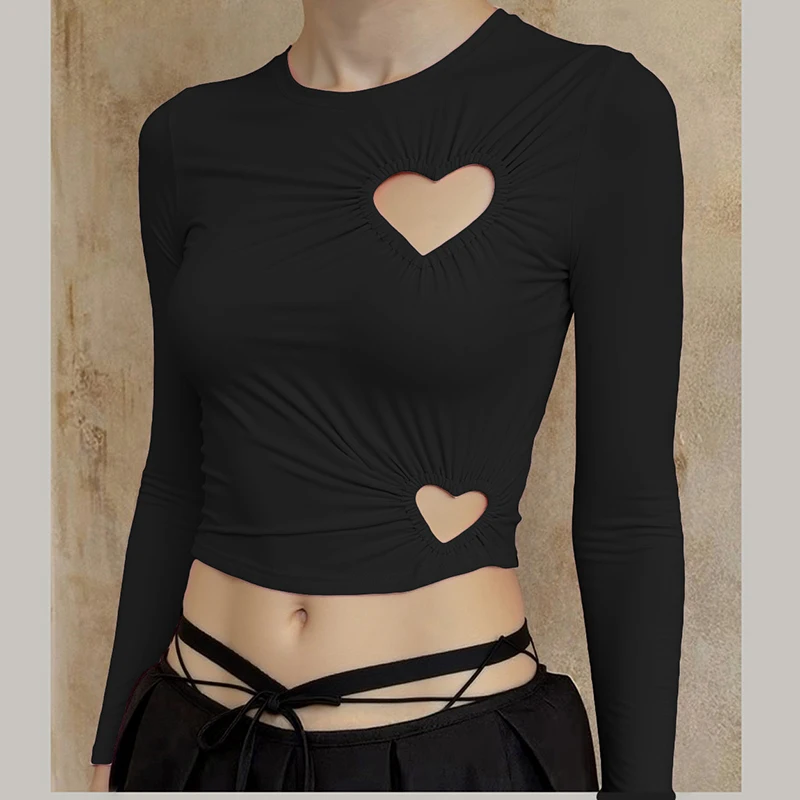 CUTENOVA Women'S Sweet Solid Color Love Hollow Out Slim Irregular Pleated Long-Sleeved T-Shirt Top Summer New Casual Simple Tops